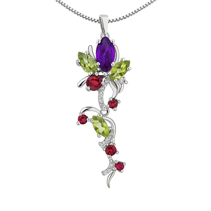 Garden Whispers: Amethyst, Garnet & Peridot Floral Necklace in 925 Sterling Silver - Sound of Flowers