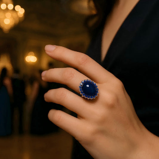 Midnight Royalty: Lab - Grown Blue Sapphire Ring with White CZ - Sound of Flowers