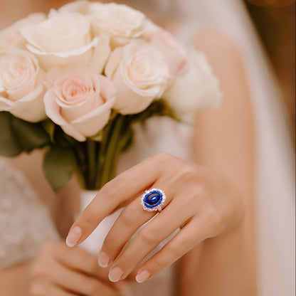 Midnight Royalty: Lab - Grown Blue Sapphire Ring with White CZ - Sound of Flowers
