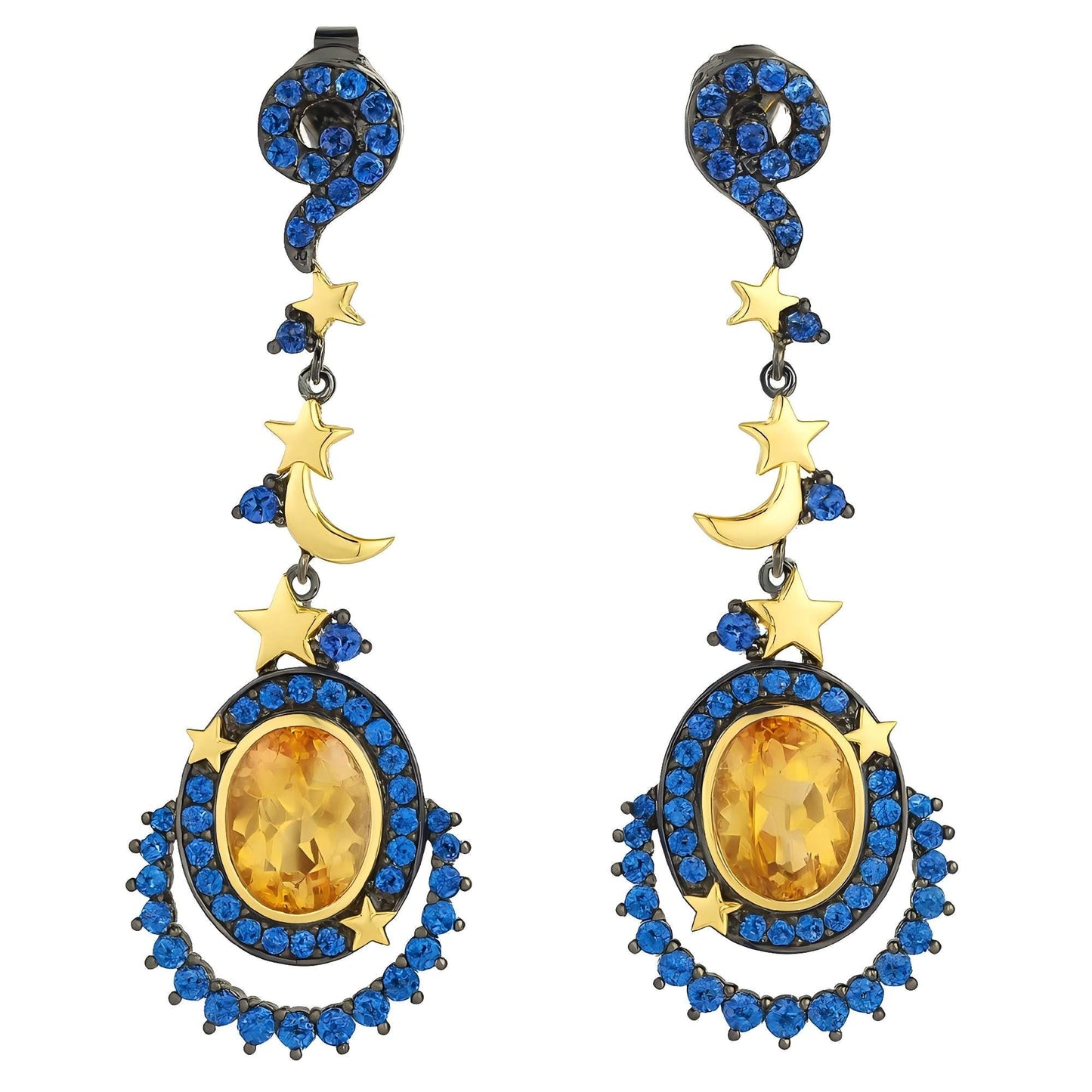 Moon Halo - citrine & Lab - Grown Sapphire Stud Earrings 