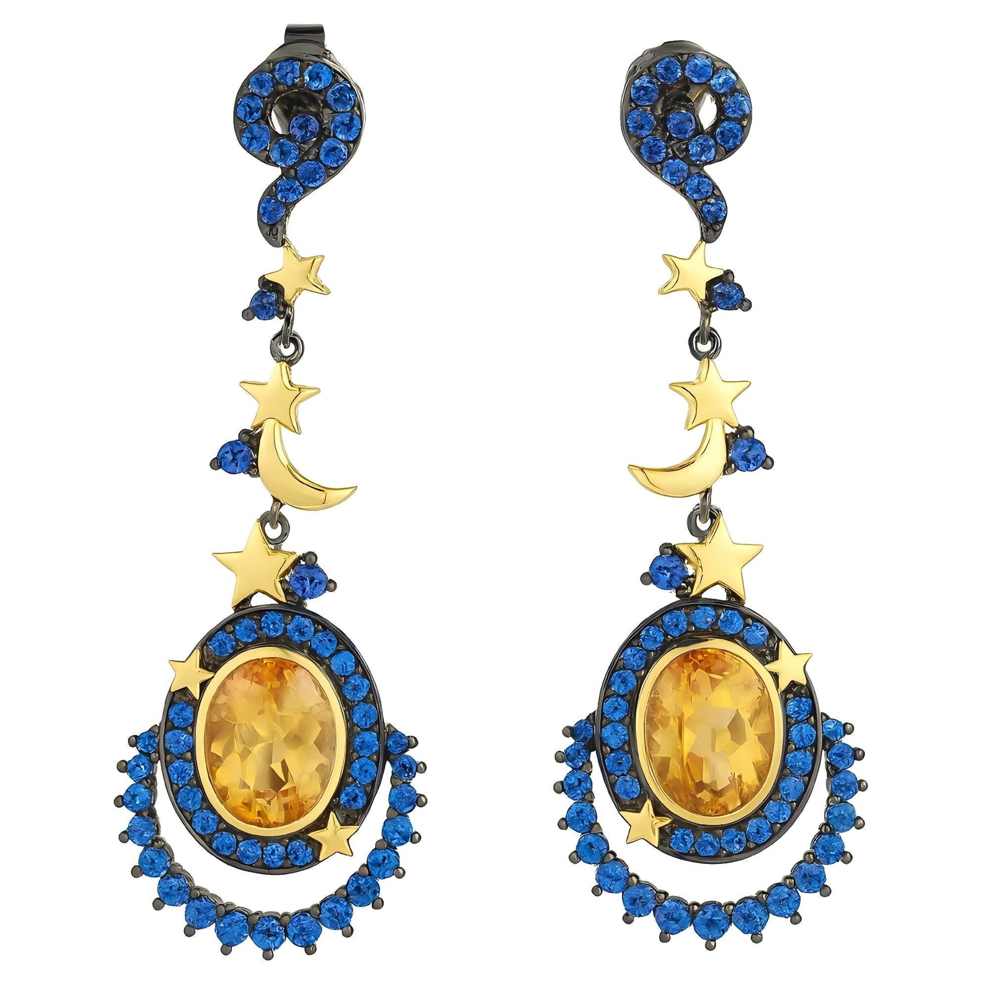 Moon Halo - citrine & Lab - Grown Sapphire Stud Earrings 