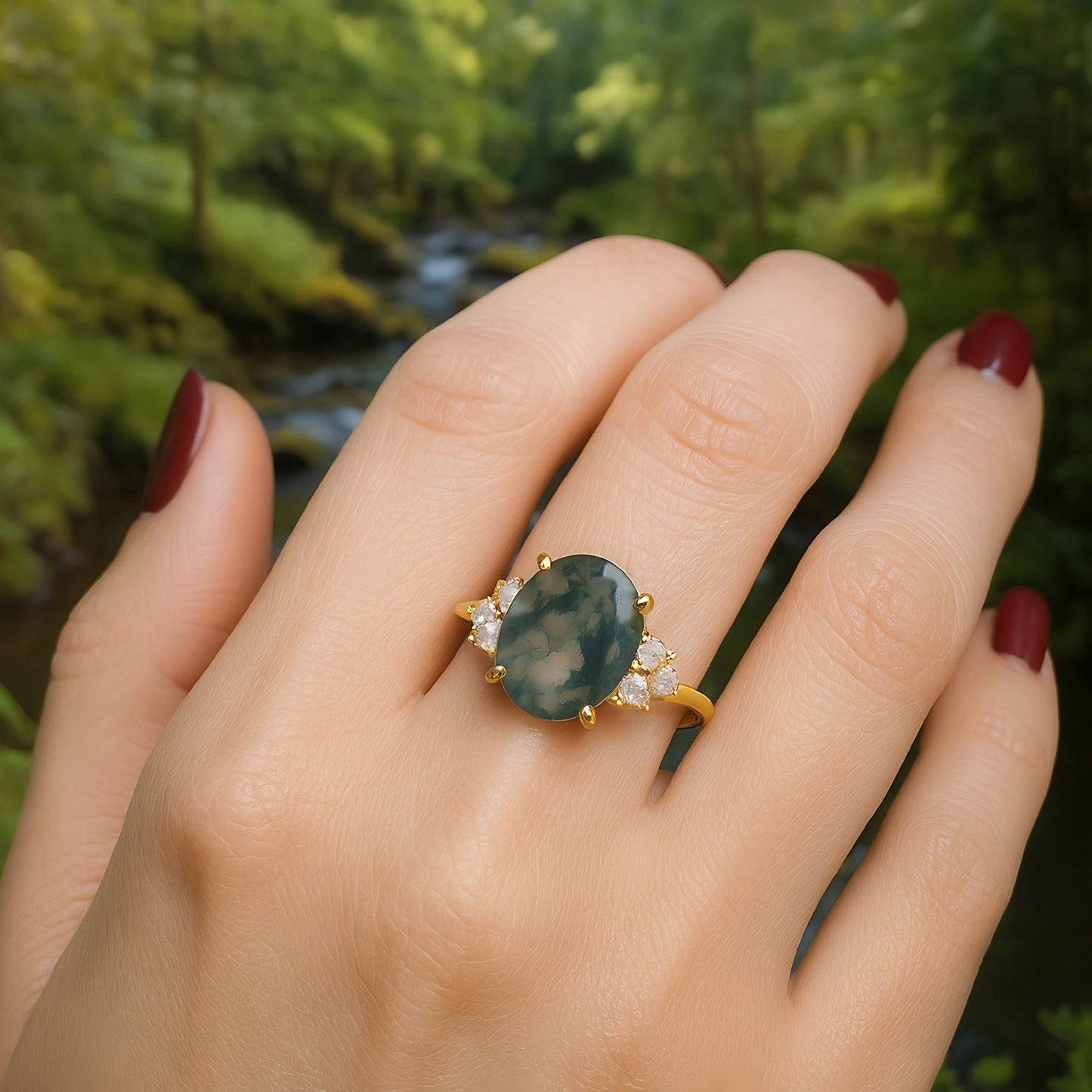Moss Reverie – Morning Canopy Natural Agate Ring in Gold Vermeil over 925 Silver - Sound of Flowers