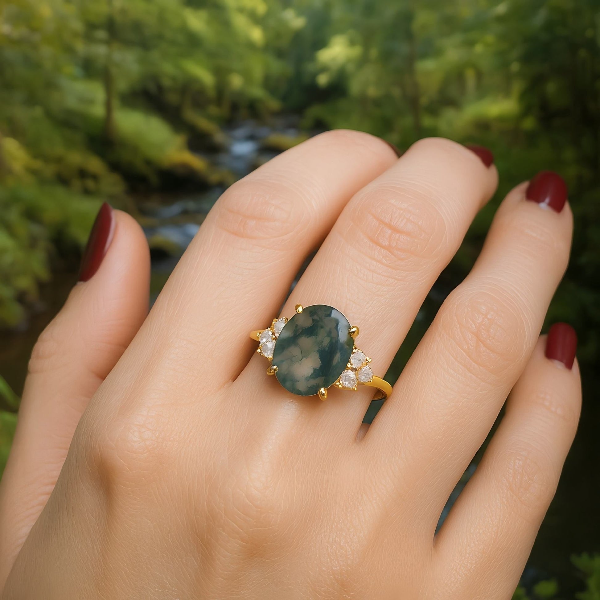 Moss Reverie – Morning Canopy Natural Agate Ring in Gold Vermeil over 925 Silver - Sound of Flowers