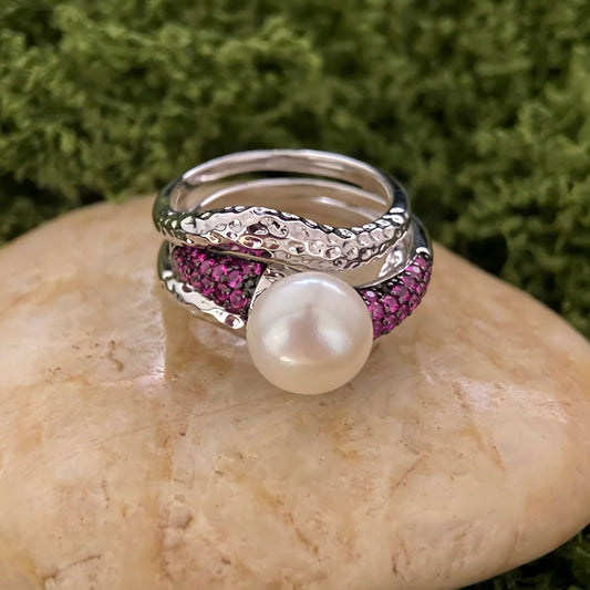 Ocean Whisper: Freshwater Pearl & Garnet Ring Set in 925 Sterling Silver - Sound of Flowers