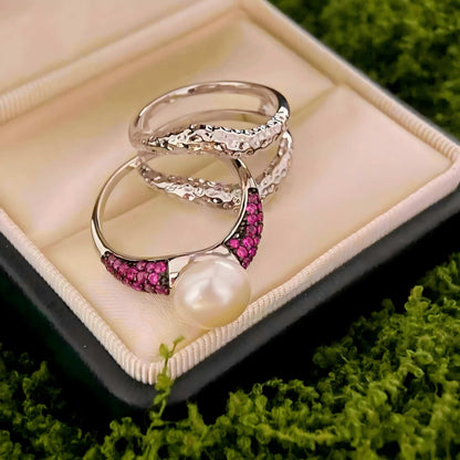 Ocean Whisper: Freshwater Pearl & Garnet Ring Set in 925 Sterling Silver - Sound of Flowers