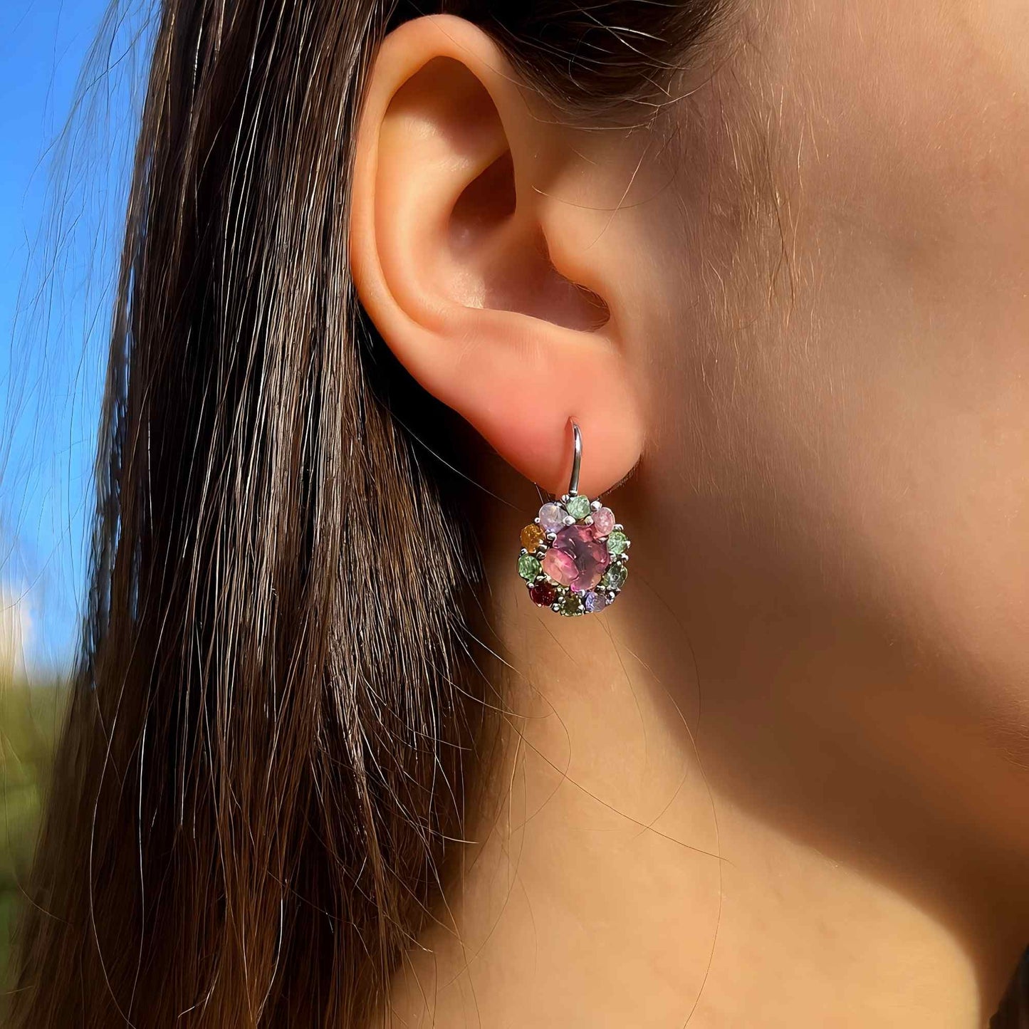 Pastel Garden: Multi - Color Natural Tourmaline Cluster Earrings in Sterling Silver - Sound of Flowers