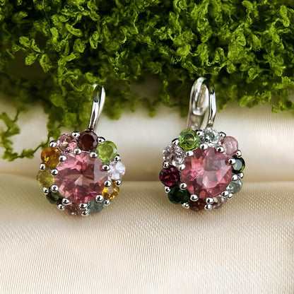 Pastel Garden: Multi - Color Natural Tourmaline Cluster Earrings in Sterling Silver - Sound of Flowers