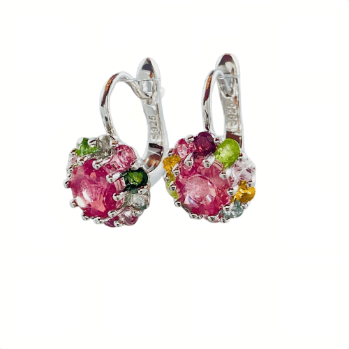 Pastel Garden: Multi - Color Natural Tourmaline Cluster Earrings in Sterling Silver - Sound of Flowers