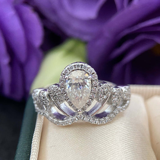 Regal Crown Sharp 1 - Carat D Color Grade GRA Certified Brilliant Moissanite Diamond Ring in 925 Sterling Silver White Gold Plated for Engagement - Sound of Flowers
