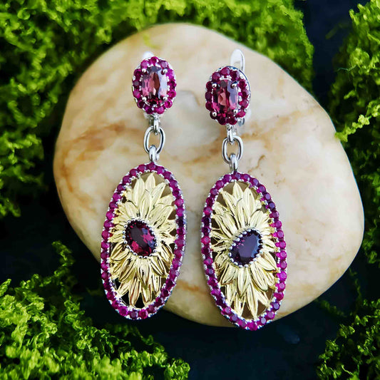 Scarlet Sun – Garnet Sunflower Drop Earrings