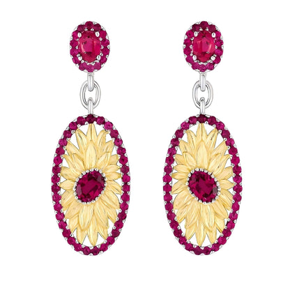 Scarlet Sun – Garnet Sunflower Drop Earrings