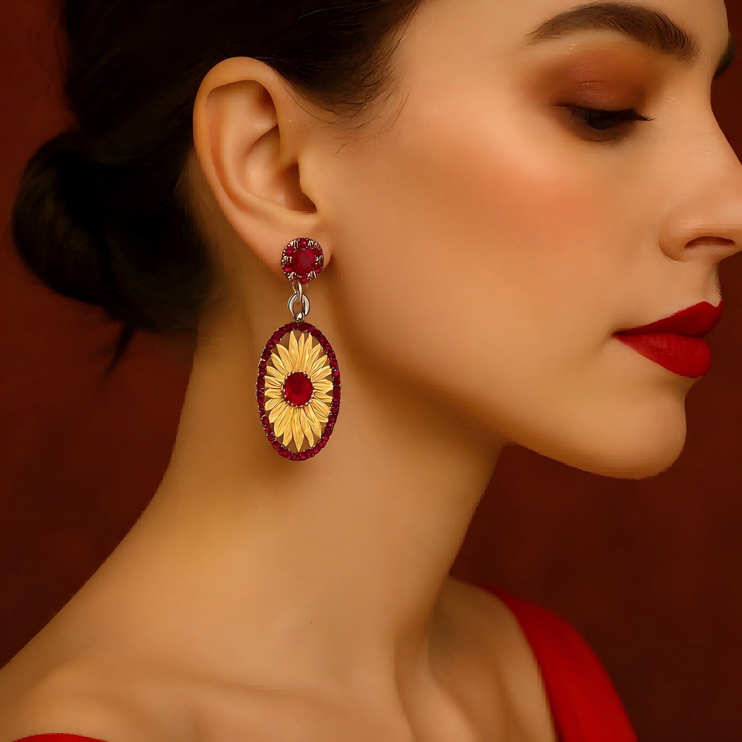 Scarlet Sun – Garnet Sunflower Drop Earrings