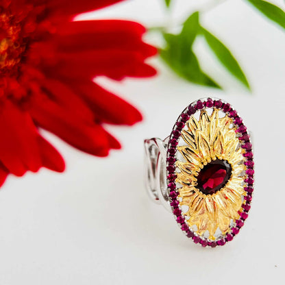 Scarlet Sun – Garnet Sunflower Statement Ring in 925 Sterling Silver - Sound of Flowers