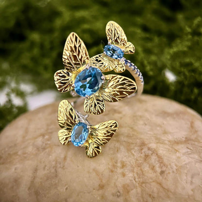 Silent Sky – Swiss Topaz Ring in 925 Sterling Silver + Gold Plated - Sound of Flowers