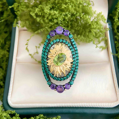 Sunlight Bloom: Natural Peridot & Amethyst Statement Ring in Gold - Plated 925 Sterling Silver - Sound of Flowers