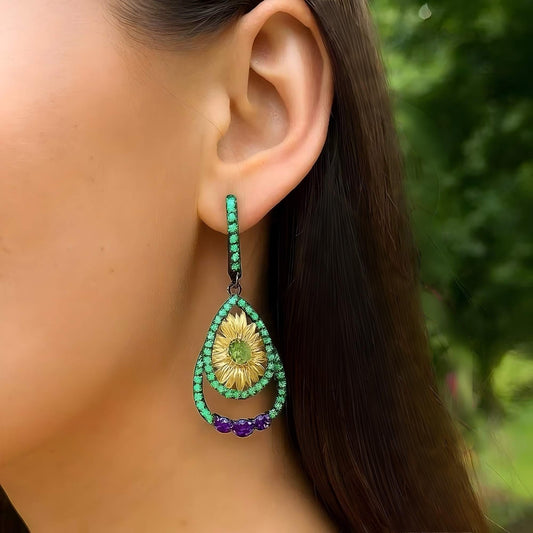 Sunlight Bloom – Peridot & Amethyst Drop Earrings in Gold - Plated 925 Sterling Silver - Sound of Flowers