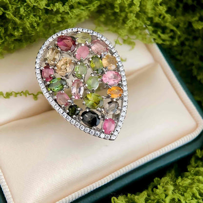 Tear of the Garden: Waterdrop Mosaic Natural Tourmaline Ring in Sterling Silver - Sound of Flowers