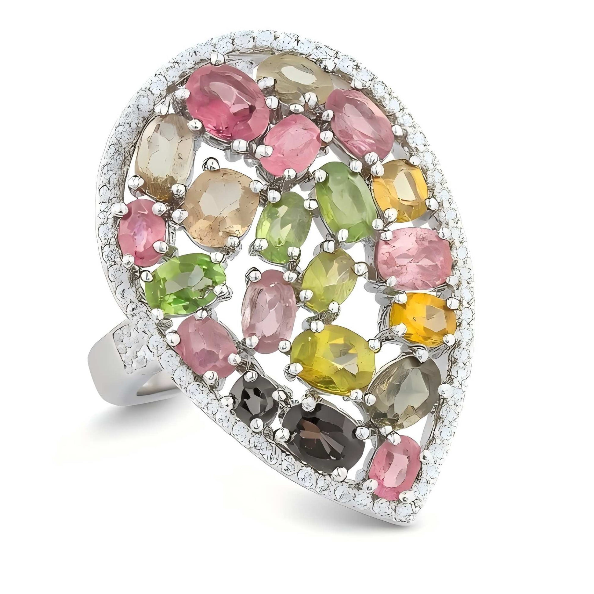 Tear of the Garden: Waterdrop Mosaic Natural Tourmaline Ring in Sterling Silver - Sound of Flowers