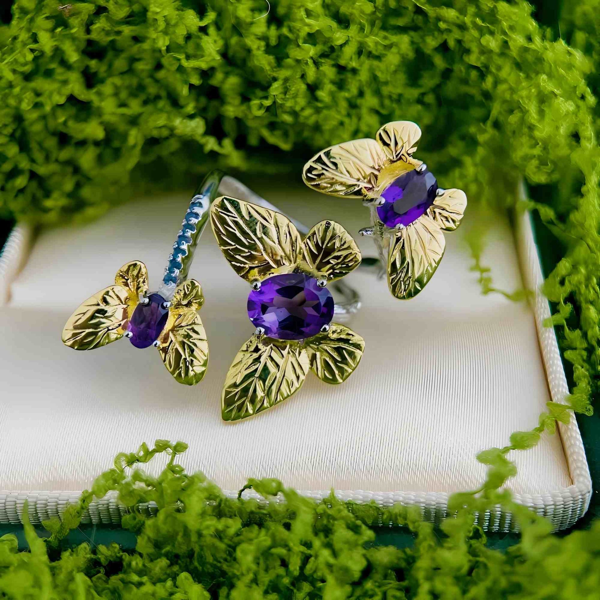 Twilight Bloom – Open Amethyst Ring in Gold - Plated 925 Silver - Sound of Flowers