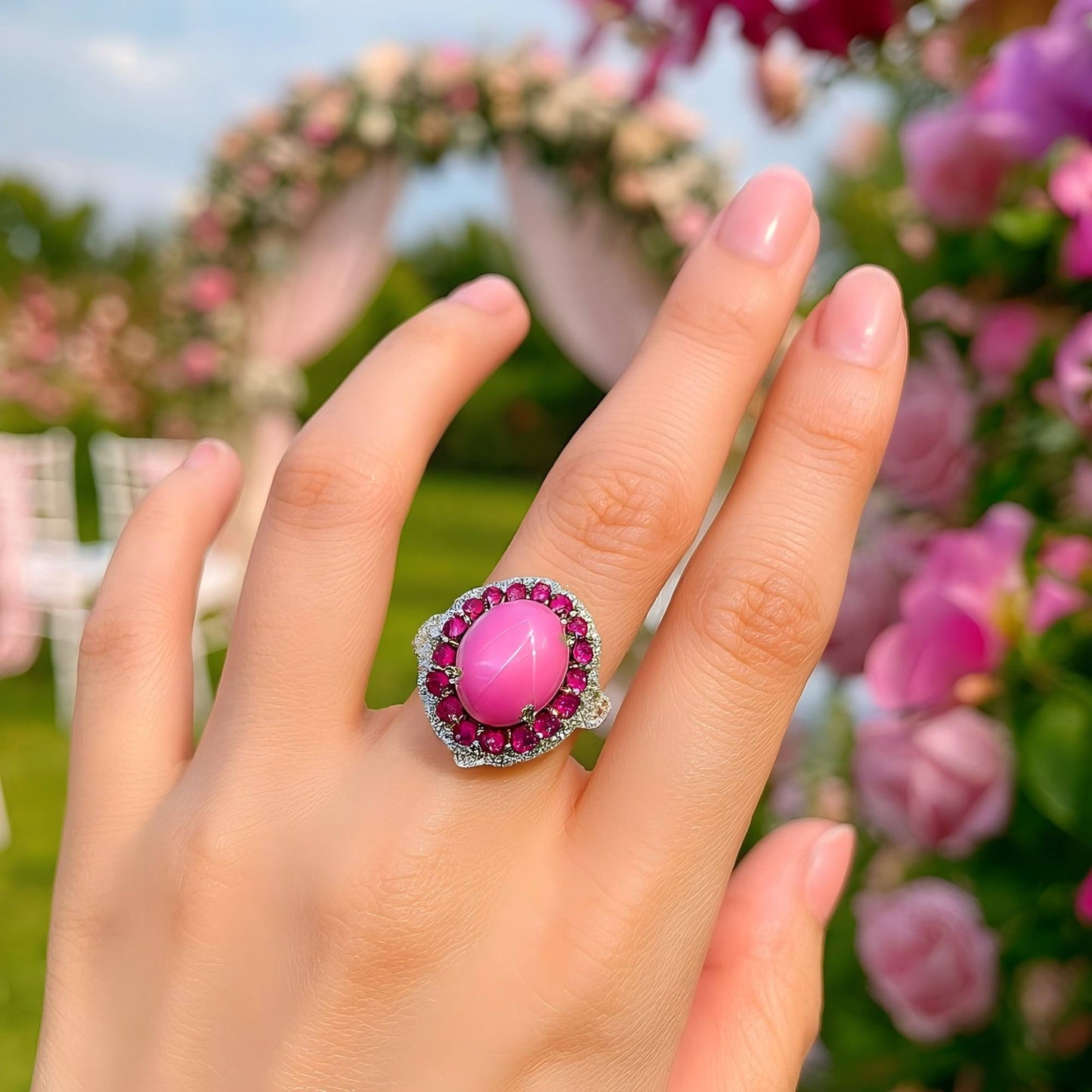 Twilight Flame - Lab - Grown Ruby Oval Cabochon Ring 