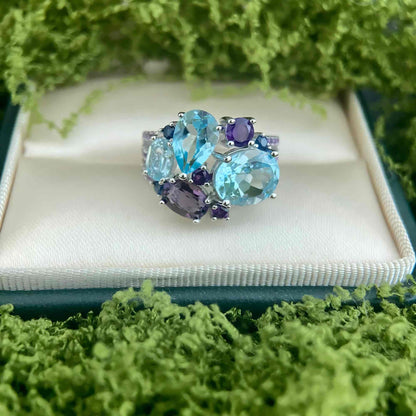 Twilight Garden – Blue Topaz & Amethyst Gem Cluster Ring in 925 Sterling Silver - Sound of Flowers