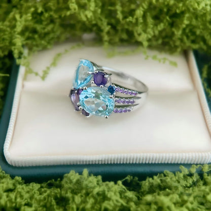 Twilight Garden – Blue Topaz & Amethyst Gem Cluster Ring in 925 Sterling Silver - Sound of Flowers