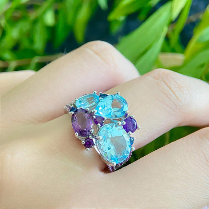 Twilight Garden – Blue Topaz & Amethyst Gem Cluster Ring in 925 Sterling Silver - Sound of Flowers