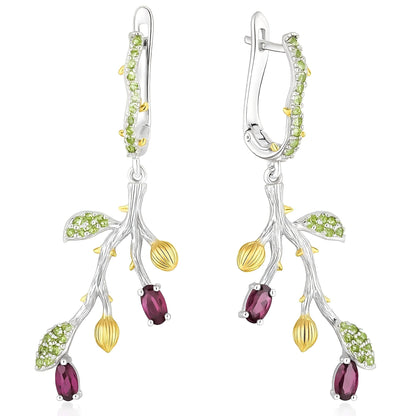 Verdant Blossom – Natural Rhodolite Garnet & Peridot Branch Earrings - Sound of Flowers