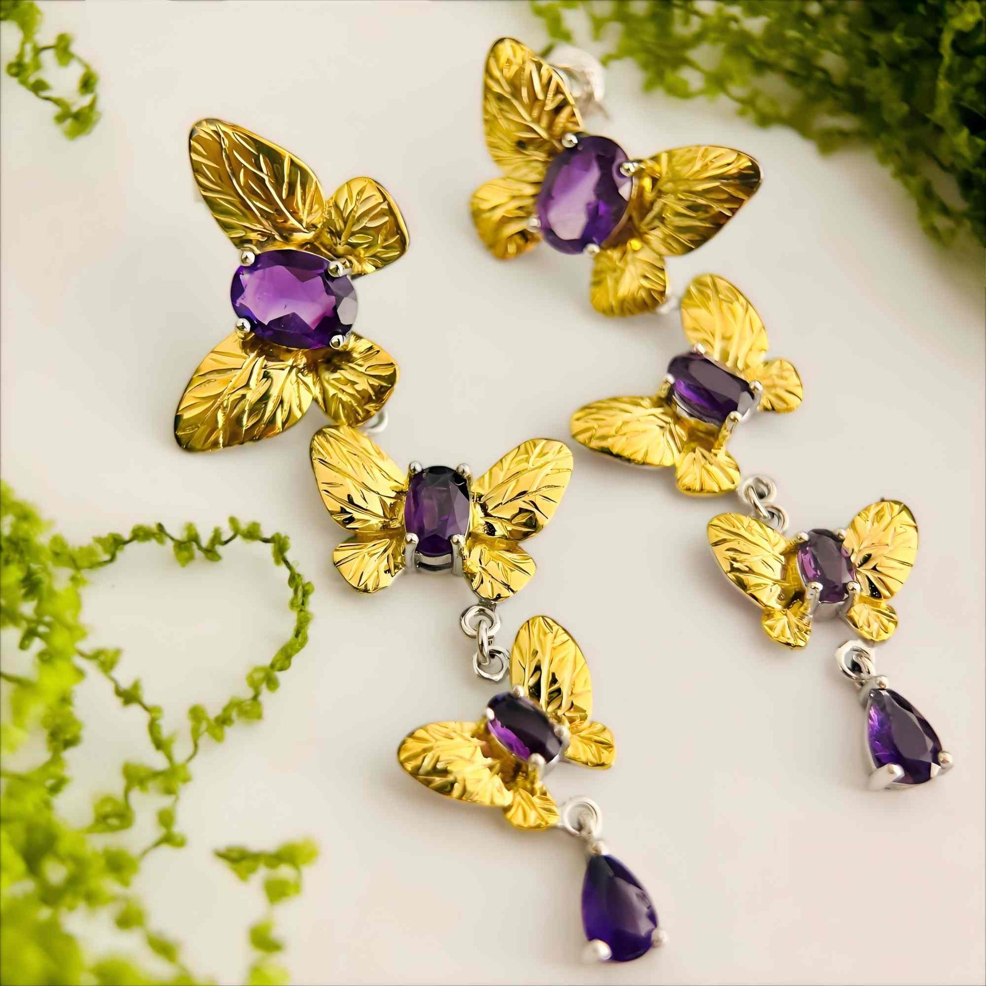 Violet Whisper – Amethyst Drop Earrings in Gold - Plated Sterling Silver - Sound of Flowers